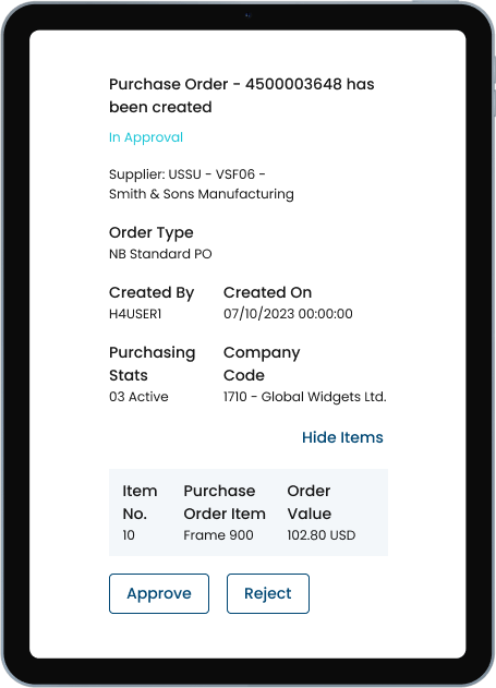 Purchase order approval card on tablet
